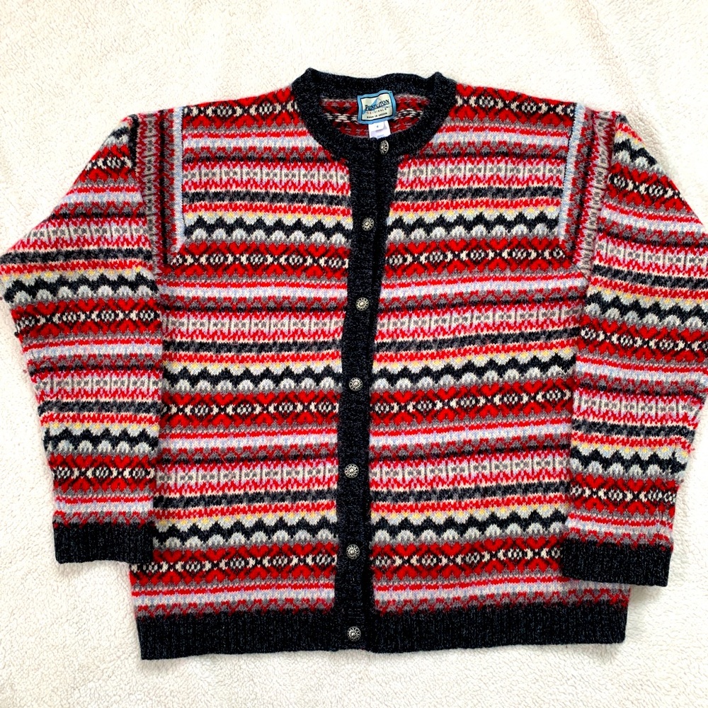 Pendleton Red Black Cream Patterned Wool Cardigan